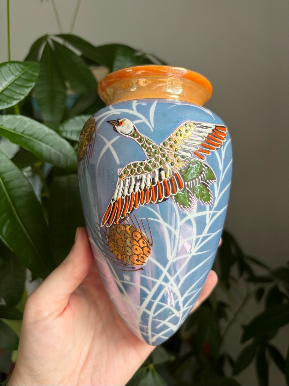 Vintage Hand-Painted Blue Ceramic Vase with Orange Rim and Bird Motif